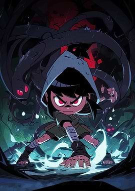 Hooded Figure Confronting Tentacled Monsters