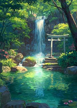 Serene Waterfall Torii Gate