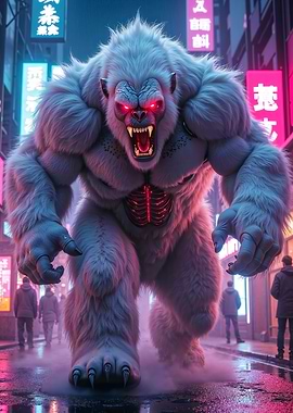 Cyberpunk Yeti in Neon Cityscape