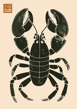 Lobster Illustration in Japanese Woodblock Style
