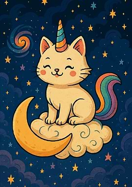 Cute Cat Unicorn on Moon Art