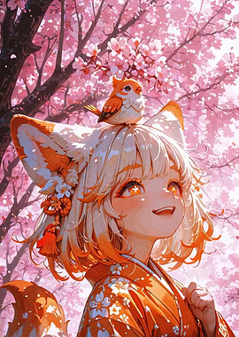 Anime Girl with Bird and Cherry Blossoms