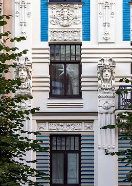 Art Nouveau Building Facade Detail. Alberta street 8, Riga, Latvia.