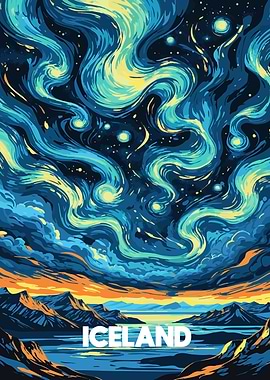 Iceland Landscape with Starry Sky