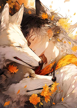 Anime Boy with Wolves and Flowers