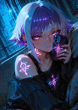 Anime Girl with Glowing Tattoos Selfie