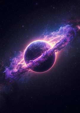 Purple Planet with Rings in Space