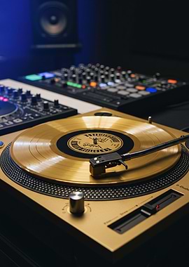 Golden Turntable with Mixing Consoles