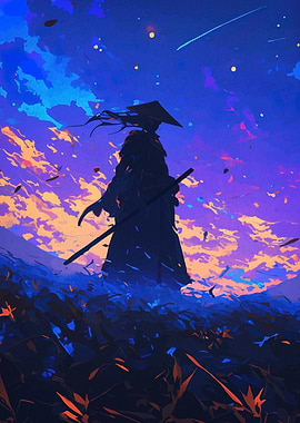 Silhouette of a Samurai Under Starry Sky