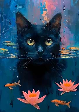 Black Cat in Water with Lilies