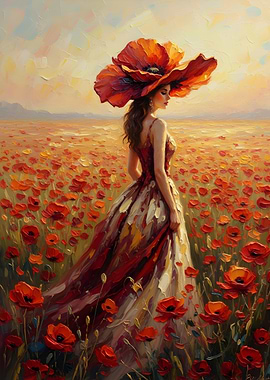Woman in Poppy Field Painting