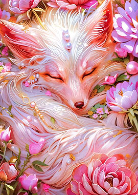 Sleeping Fox Surrounded by Pink Flowers