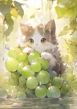 Cute Kitten with Grapes in the Rain