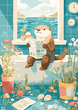 Otter Reading Newspaper in Bathtub
