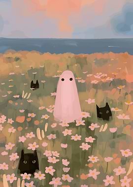 Ghost and Cats in Flower Field