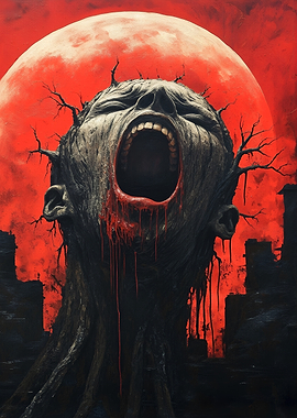 Screaming Face with Red Moon