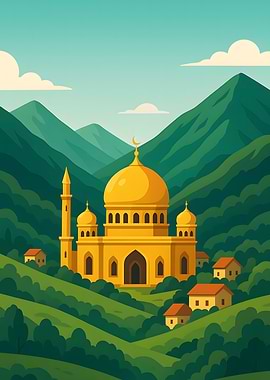 Golden Mosque in Mountainous Landscape