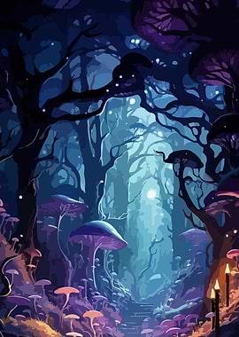 Enchanted Forest with Mushrooms and Light