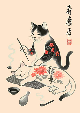 Cats with Tattoos in Japanese Style