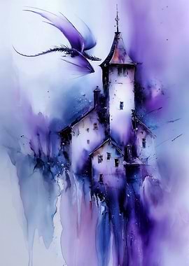 Dragon and Castle Watercolor Illustration