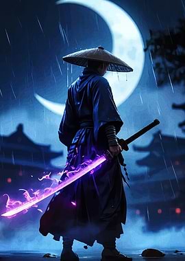 Samurai with Glowing Sword in Rain