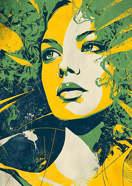 Retro Woman Portrait in Green and Yellow