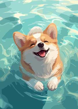Happy Corgi Swimming in Blue Water Illustration