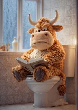 Stuffed Bull Reading on Toilet