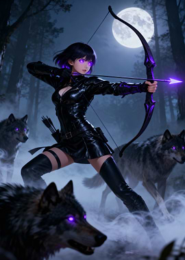 Archer with Wolves in Moonlight