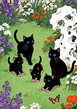 Black Cats in a Garden