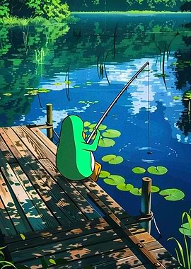 Cartoon Penguin Fishing on a Dock