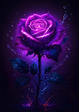 Glowing Purple Rose with Water Droplets