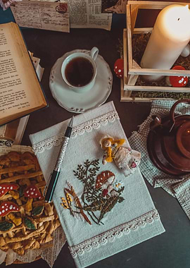 Cozy Still Life with Tea and Embroidery
