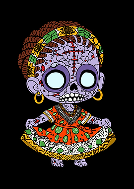 Cartoon Angolan Zombie Girl in Traditional Dress