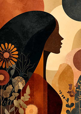 Abstract Boho Woman Portrait with Floral Elements