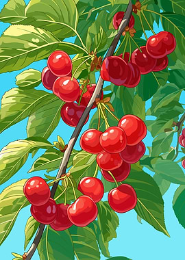 Cherry Tree Branch with Ripe Cherries