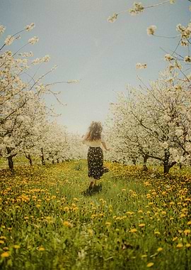 Woman Running Through Blossoming Orchard
