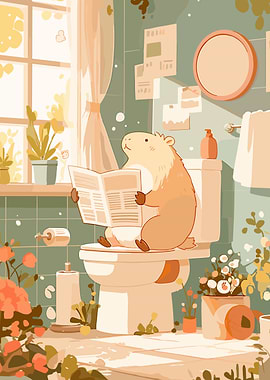 Capybara Reading Newspaper on Toilet