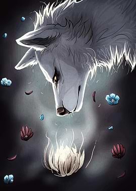 Wolf gazing at glowing flower