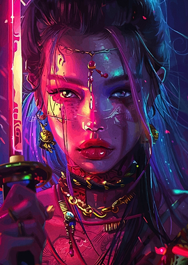 Cyberpunk Warrior with Neon Sword