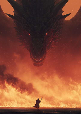 Dragon and Warrior in Fiery Landscape