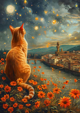 Cat gazing at Florence night sky