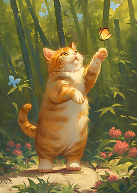 Orange Cat and Butterfly in Garden