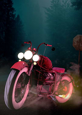 Red Motorcycle in Misty Forest