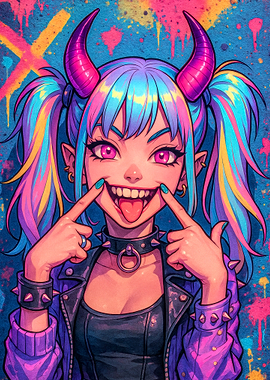 Colorful Devil Girl with Pigtails