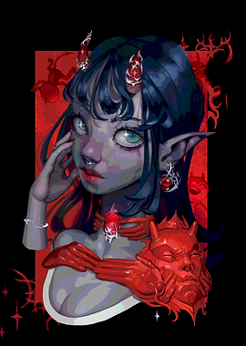 Demon Girl Portrait with Red Accents