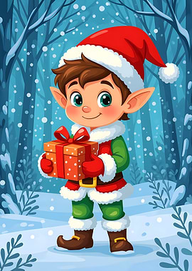 Christmas Elf with Gift in Winter Forest