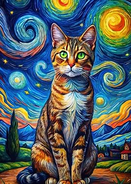 Cat in Starry Night Style Painting
