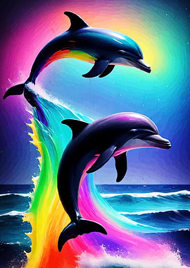 Rainbow Dolphins Leaping Sea