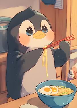 Cute Penguin Eating Ramen Illustration
